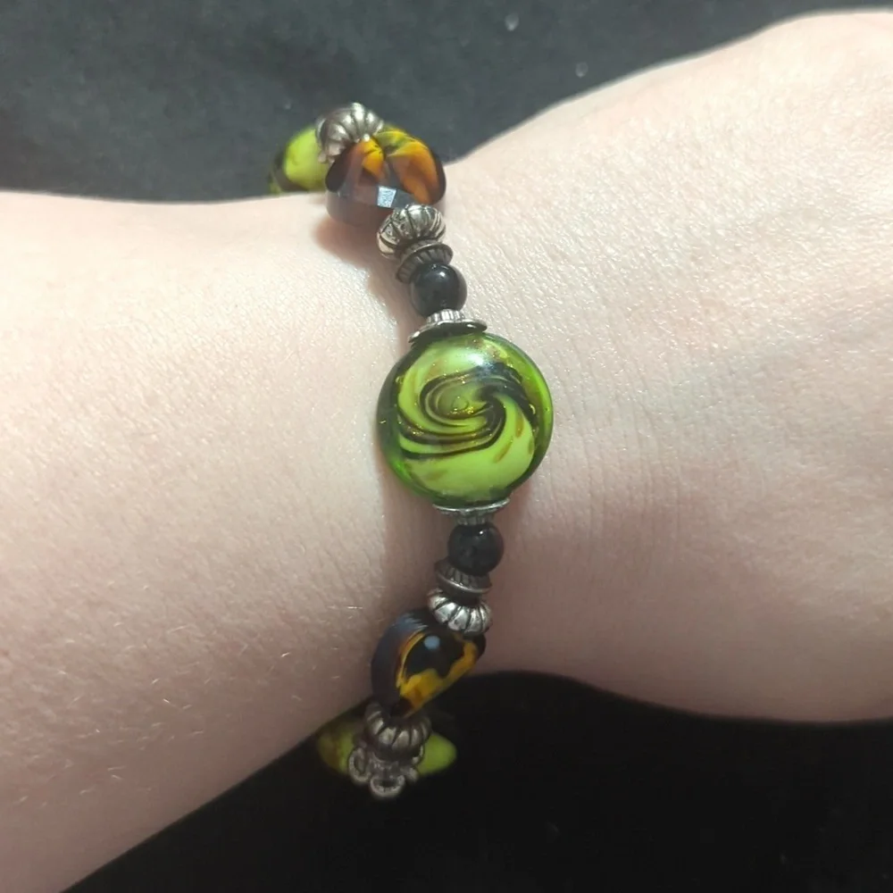 Silver Tone Black Green Orange Brown Swirl Glass Bead Statement Bracelet